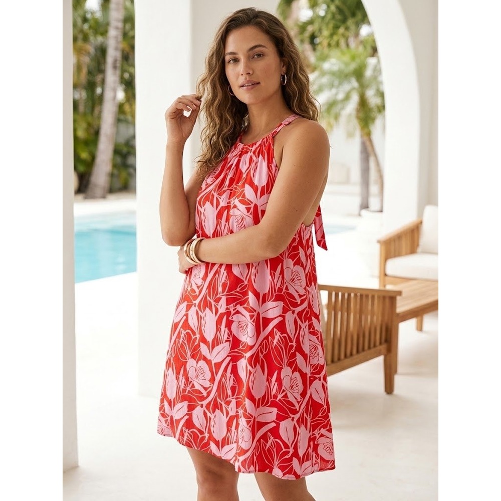 Skye Swim Cover Up Women XL Red Pink NWT Floral Halter Neck Dress Beachwear